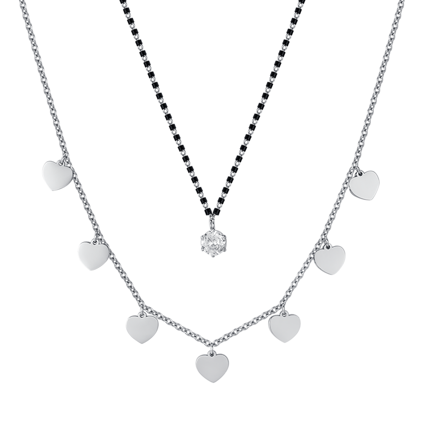 COLLAR DE ACERO PARA MUJER CON CORAZONES, ELEMENTOS IP NEGROS Y CRISTAL BLANCO