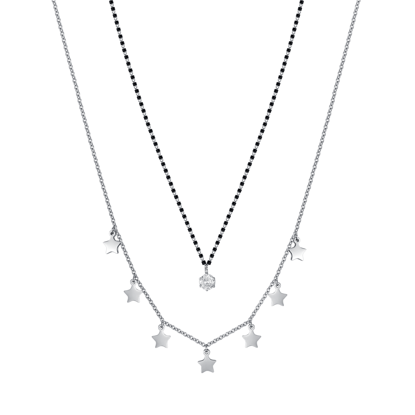 COLLAR DE ACERO PARA MUJER CON ESTRELLAS, ELEMENTOS IP NEGROS Y CRISTAL BLANCO