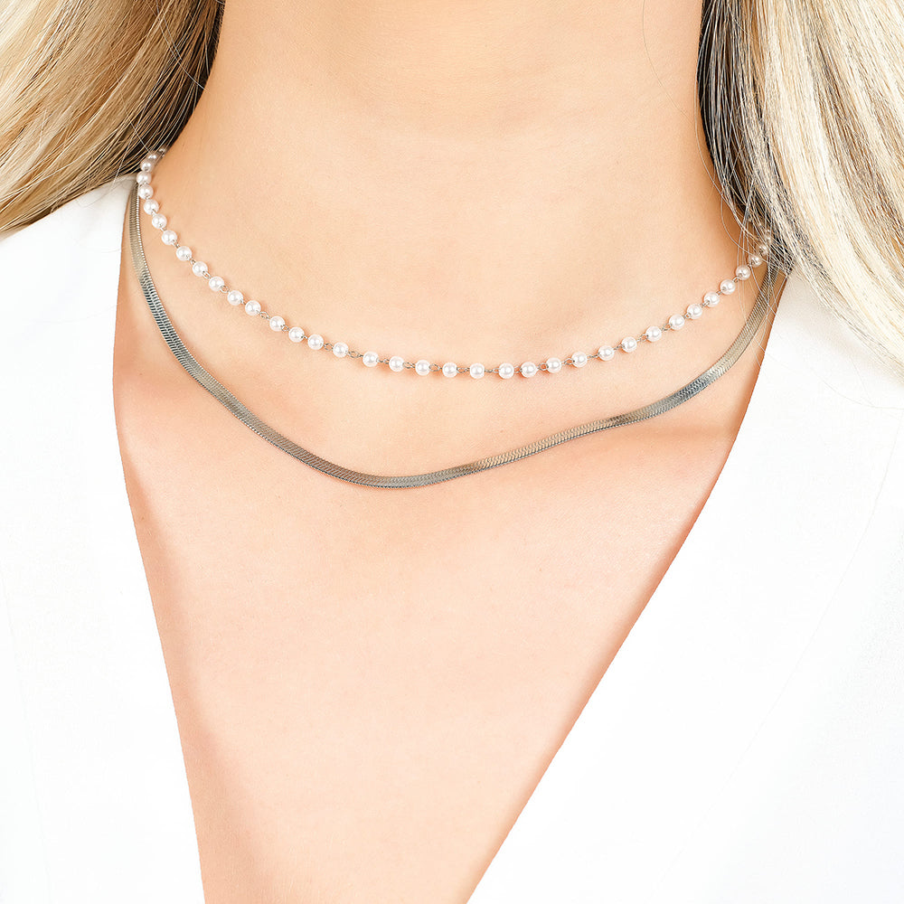COLLAR DE ACERO PARA MUJER CON PERLAS BLANCAS