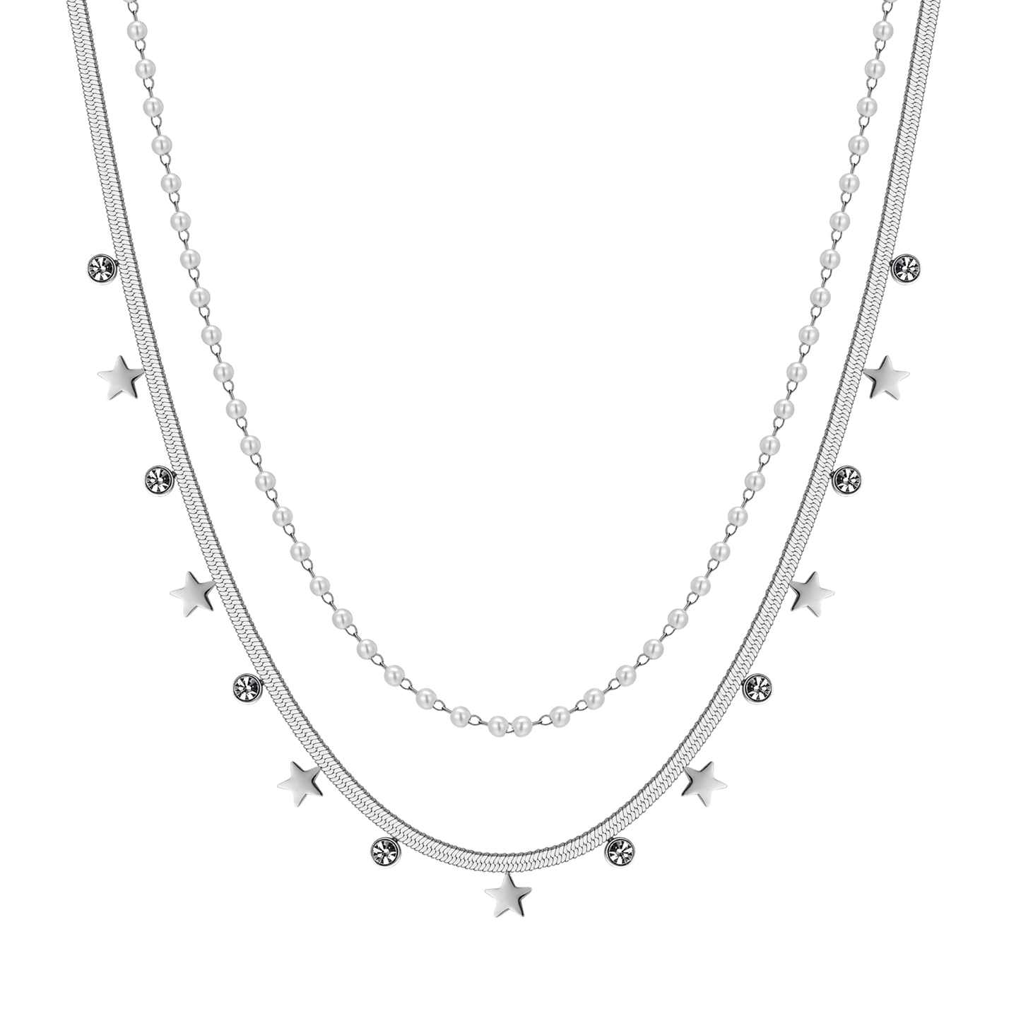 COLLAR DE ACERO PARA MUJER CON PERLAS BLANCAS, ESTRELLAS Y CRISTALES