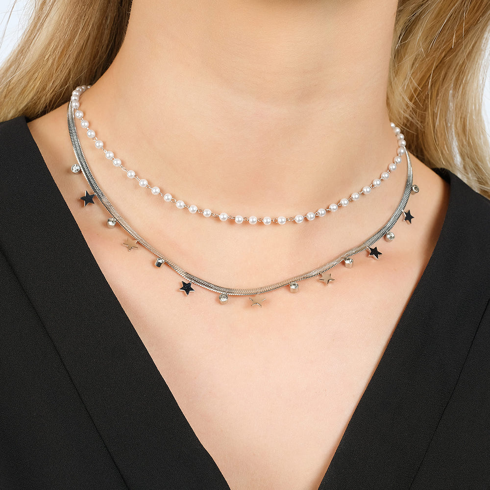 COLLAR DE ACERO PARA MUJER CON PERLAS BLANCAS, ESTRELLAS Y CRISTALES
