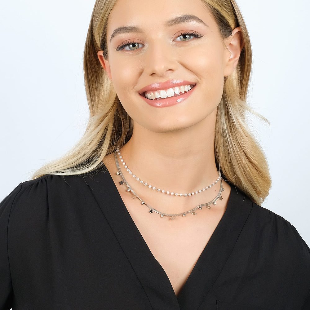 COLLAR DE ACERO PARA MUJER CON PERLAS BLANCAS, ESTRELLAS Y CRISTALES