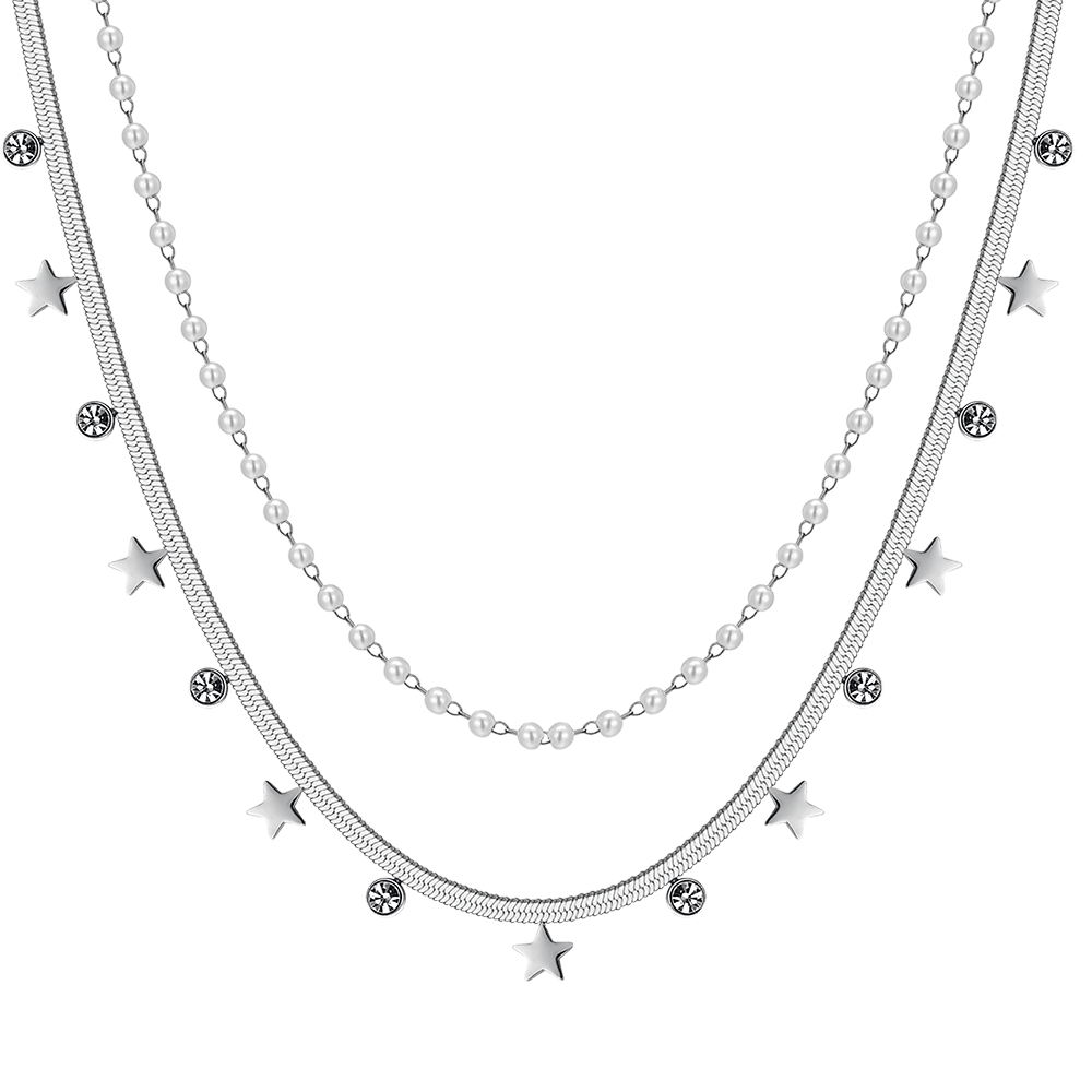 COLLAR DE ACERO PARA MUJER CON PERLAS BLANCAS, ESTRELLAS Y CRISTALES