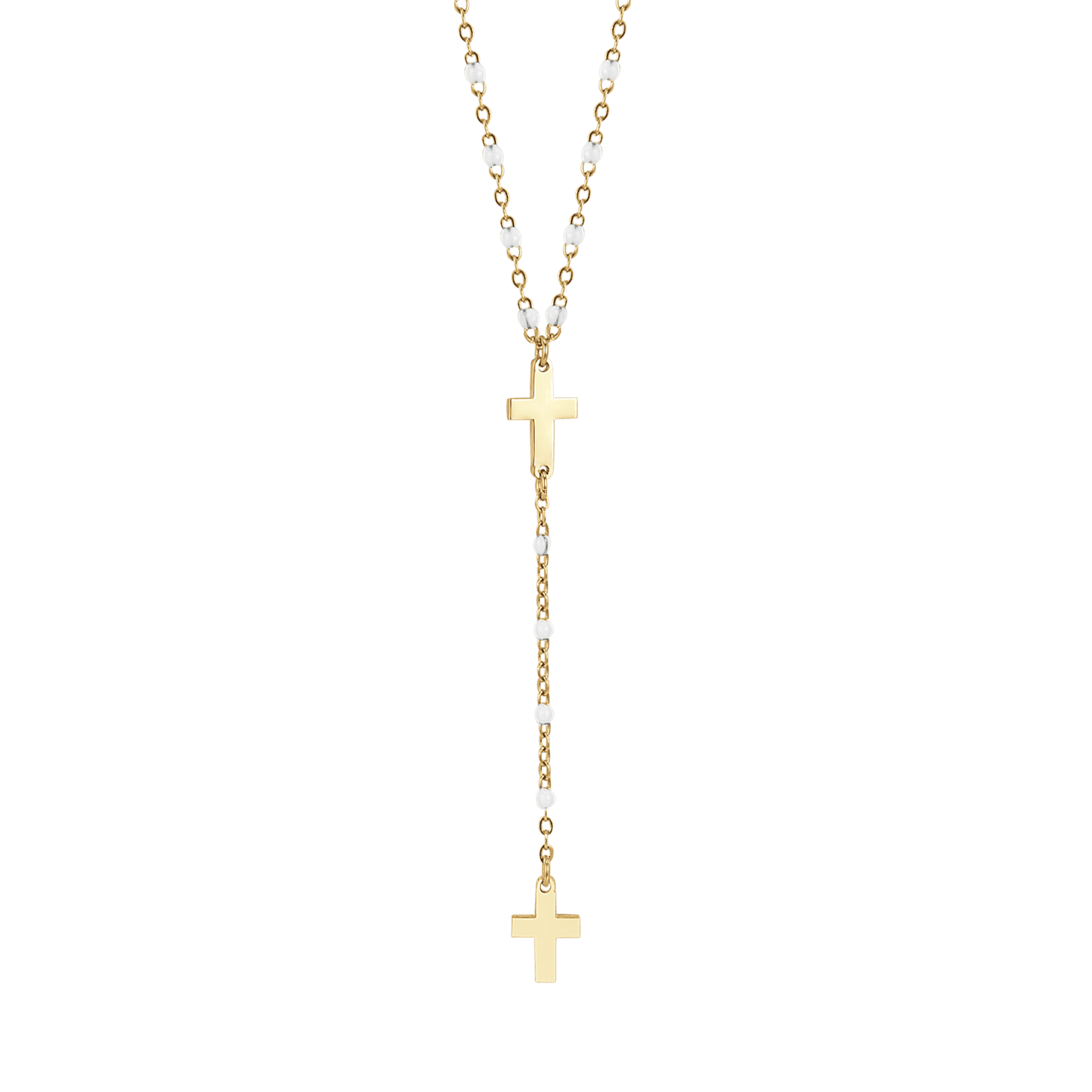 IP COLLAR ROSARIO DE ACERO DORADO PARA MUJER CON CRUCES Y ELEMENTOS BLANCOS