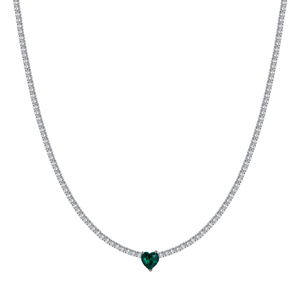 COLLAR DE TENIS DE ACERO PARA MUJER CON CRISTALES BLANCOS Y CORAZÓN DE CRISTAL VERDE