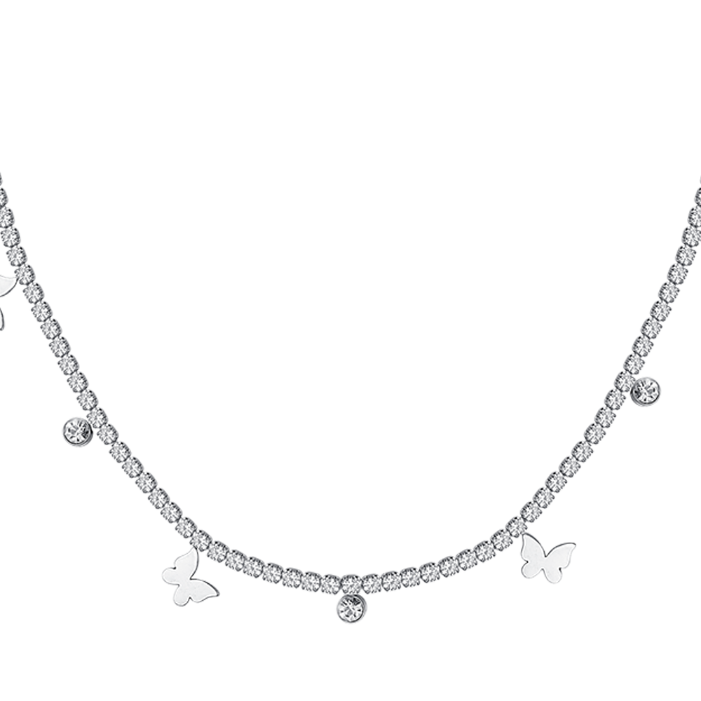 COLLAR DE TENIS DE ACERO PARA MUJER CON CRISTALES BLANCOS Y MARIPOSAS