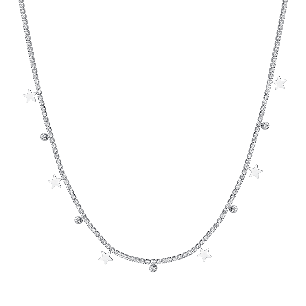 COLLAR DE TENIS DE ACERO PARA MUJER CON CRISTALES BLANCOS Y ESTRELLAS