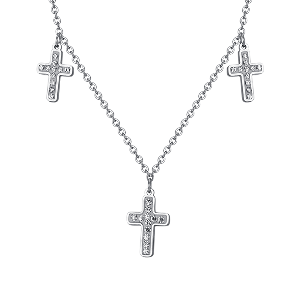 COLLAR DE CRUCES DE ACERO PARA MUJER CON CRISTALES BLANCOS