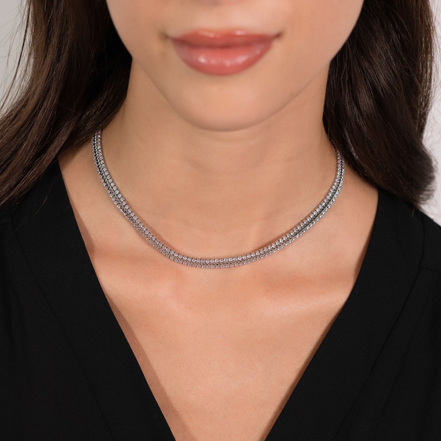 COLLAR DE TENIS DE ACERO PARA MUJER CON CRISTALES ROSAS