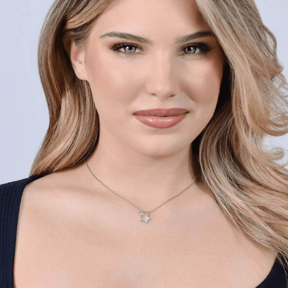 COLLAR DE ACERO PARA MUJER CON ESTRELLA Y CIRCONITA ROSA