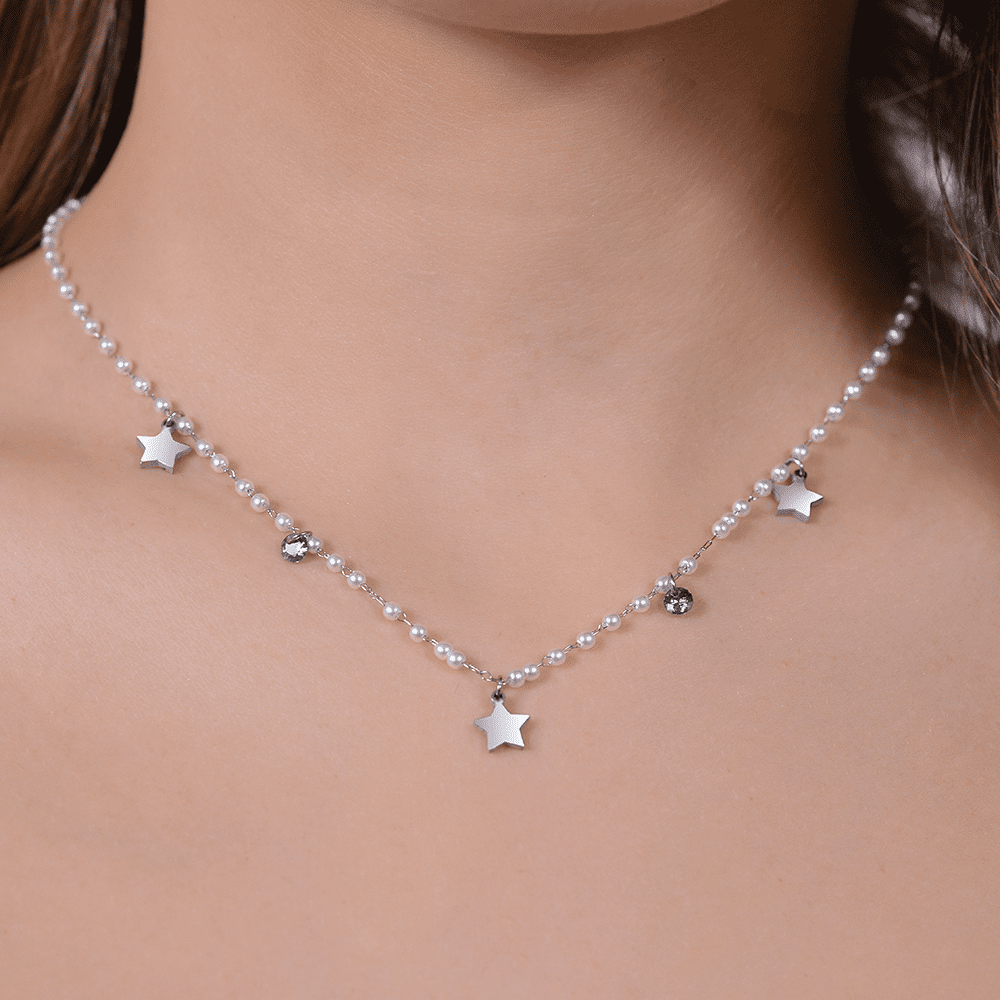 COLLAR DE PERLAS DE ACERO CON ESTRELLAS