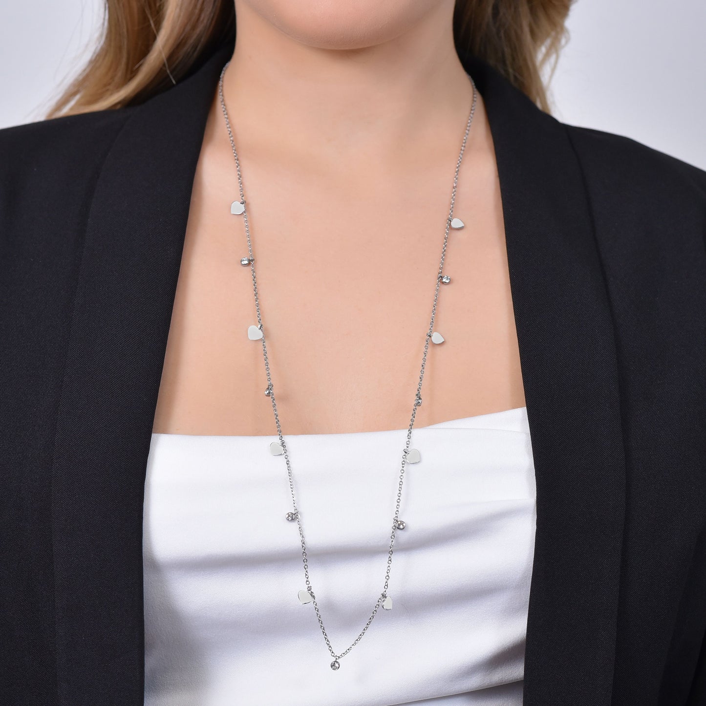 COLLAR DE ACERO CORAZONES Y CRISTALES MUJER