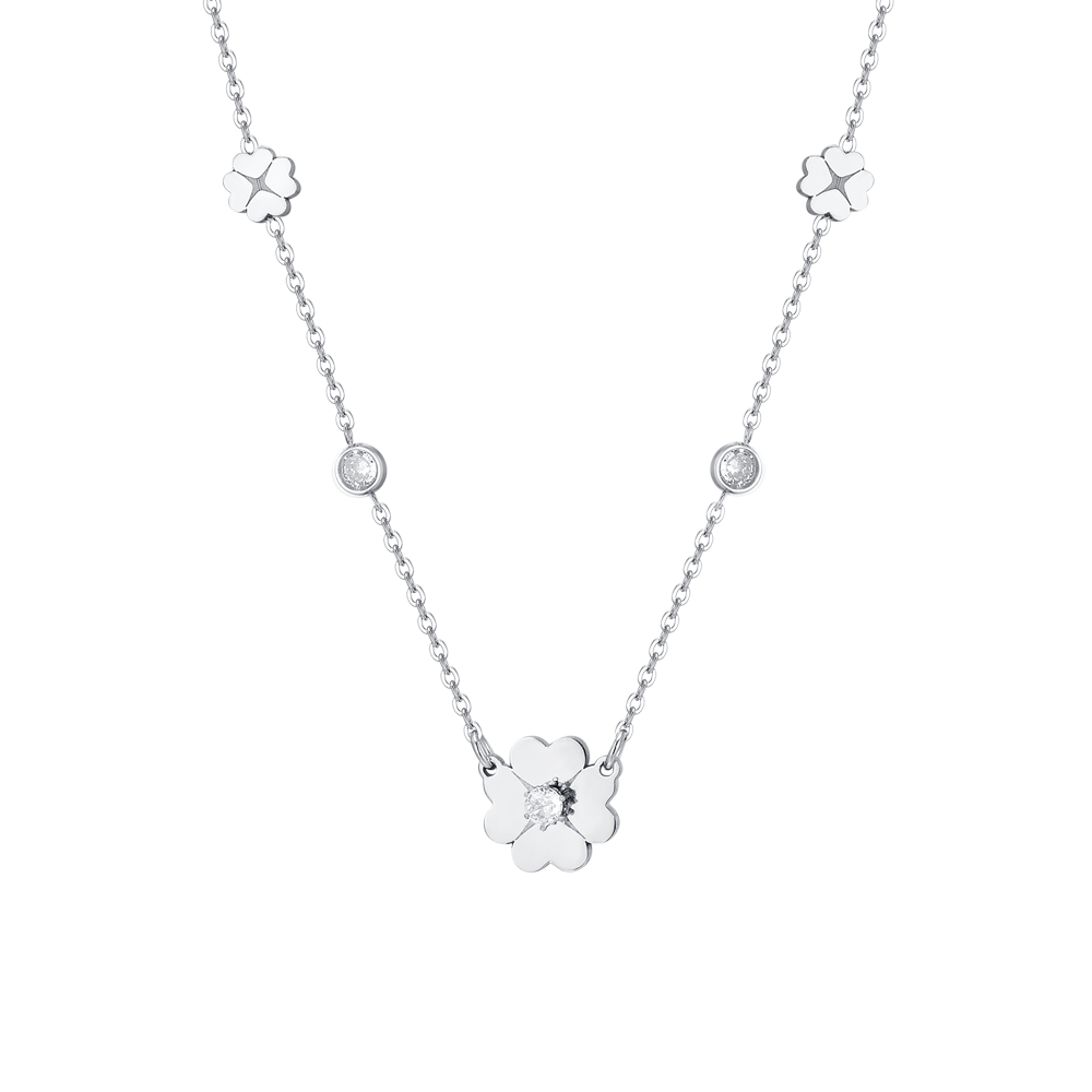 COLLAR DE ACERO PARA MUJER CON TRÉBOLES DE CUATRO HOJAS Y CIRCONITA
