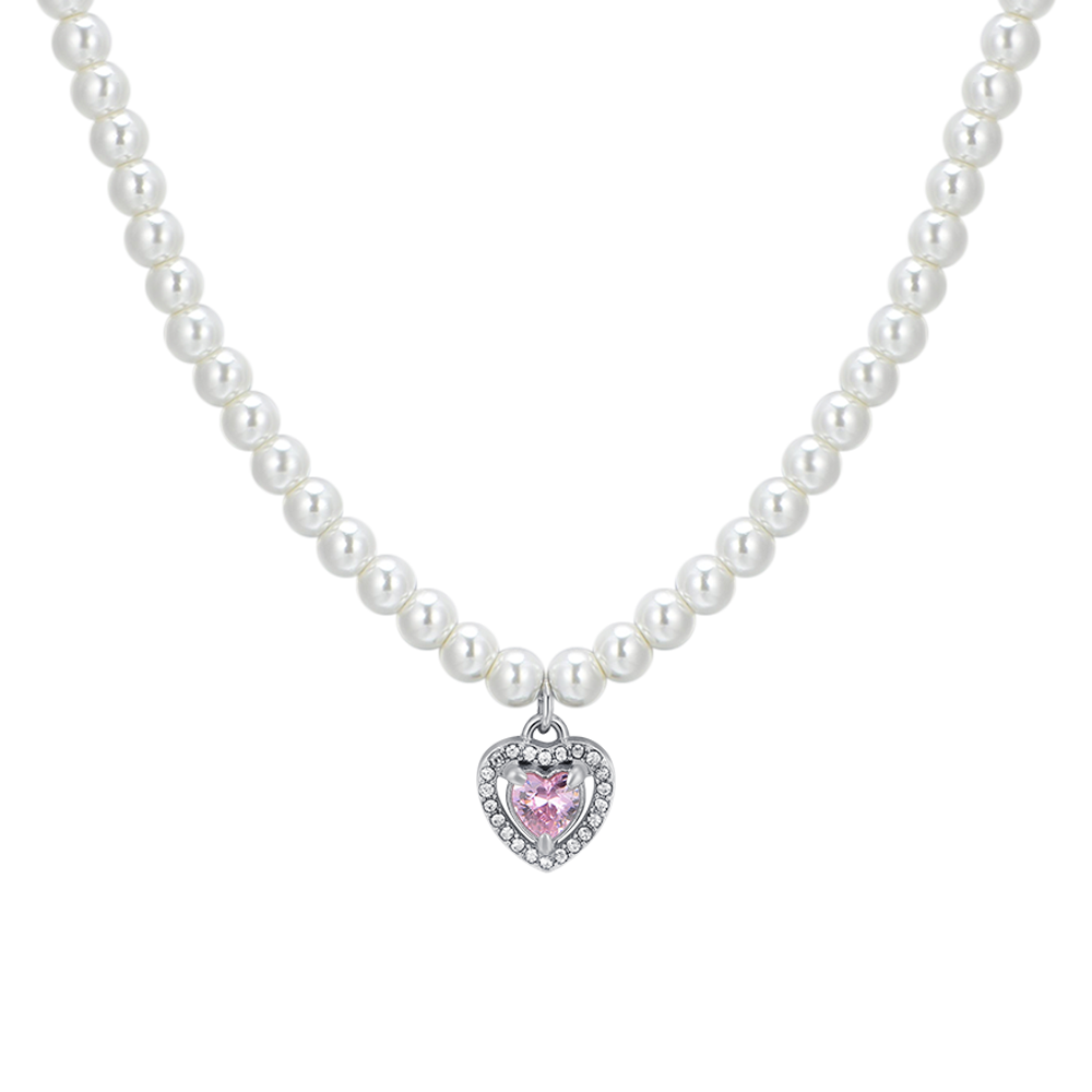 COLLAR CORAZÓN DE PERLAS DE ACERO Y CIRCONITAS ROSAS