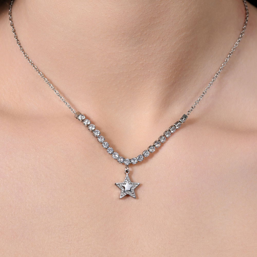 COLLAR DE TENIS PARA MUJER CON ESTRELLA DE ACERO Y CIRCONITA CÚBICA