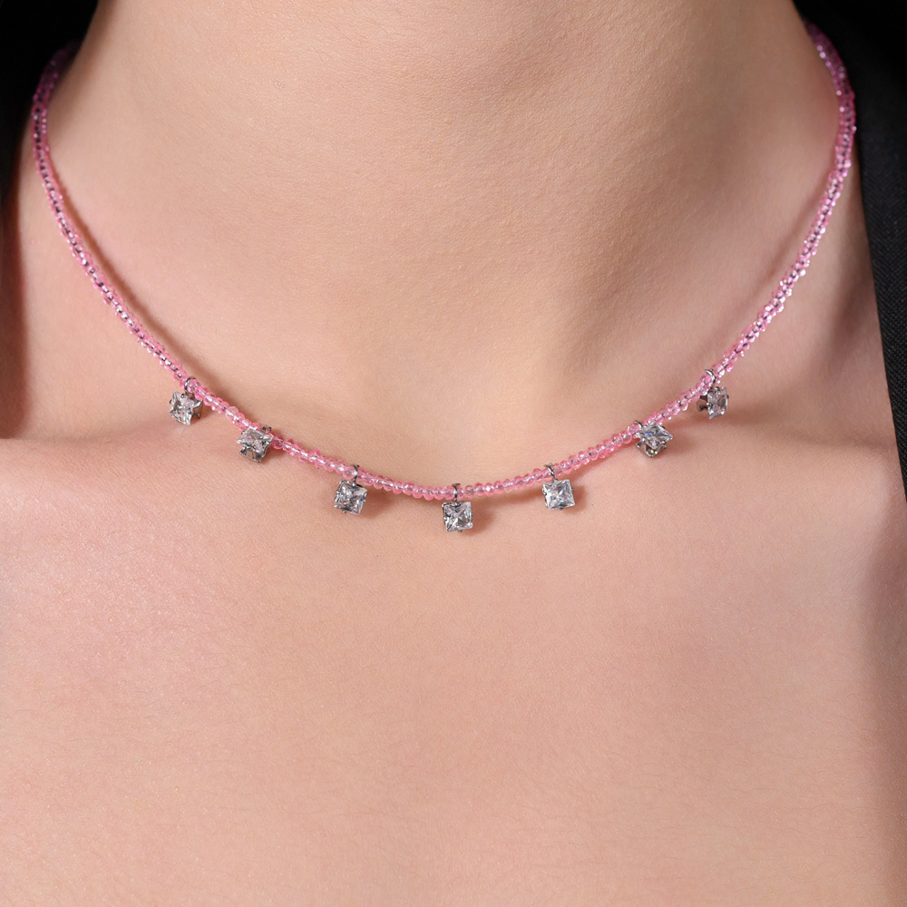 COLLAR DE ACERO PARA MUJER CON CRISTALES ROSAS Y CIRCONITA BLANCA