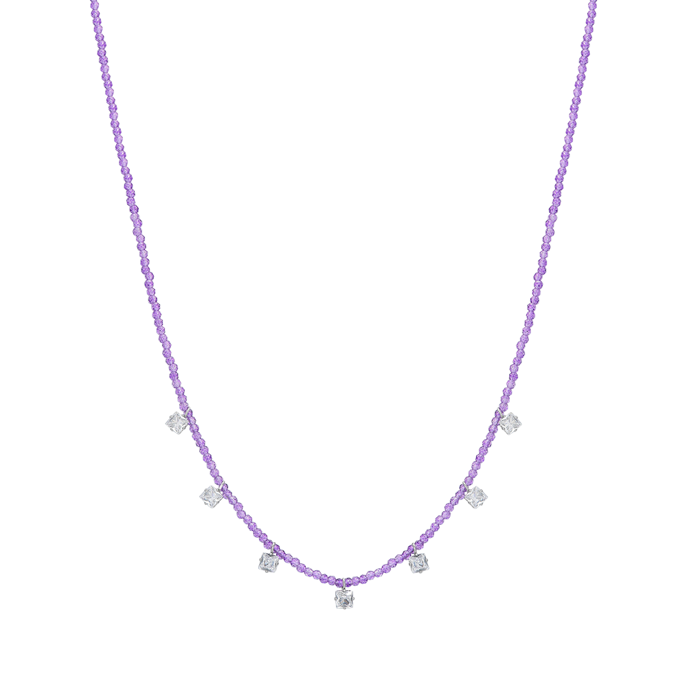 COLLAR DE ACERO PARA MUJER CON CRISTALES VIOLETAS Y CIRCONITA BLANCA