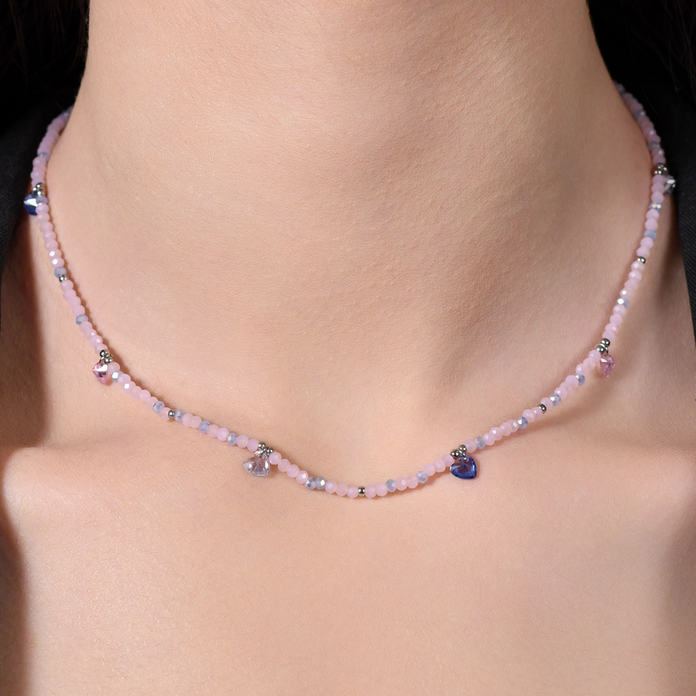 COLLAR DE ACERO PARA MUJER CON PIEDRAS ROSAS Y CRISTALES MULTICOLORES