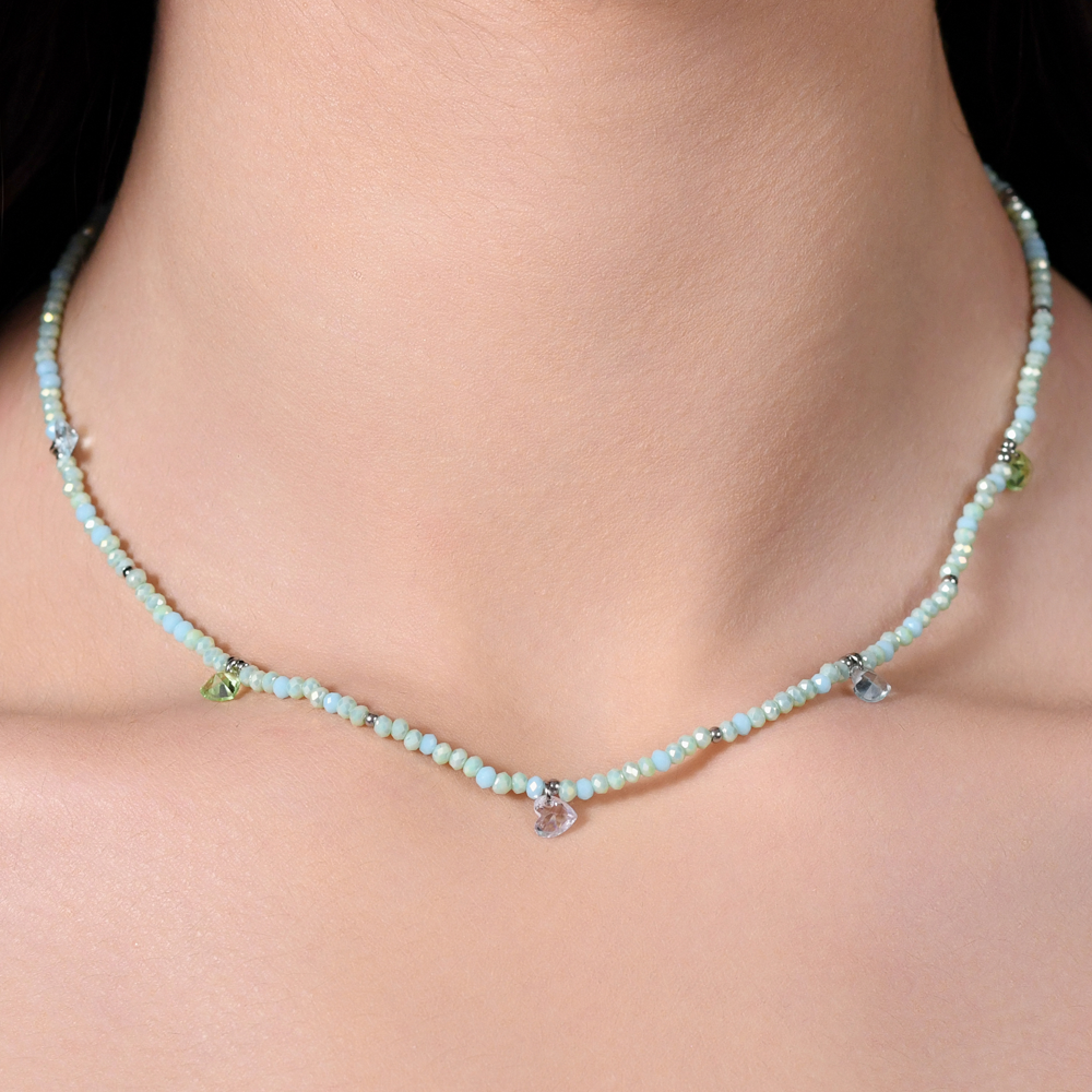 COLLAR DE ACERO PARA MUJER CON PIEDRAS Y CRISTALES VERDE AGUA