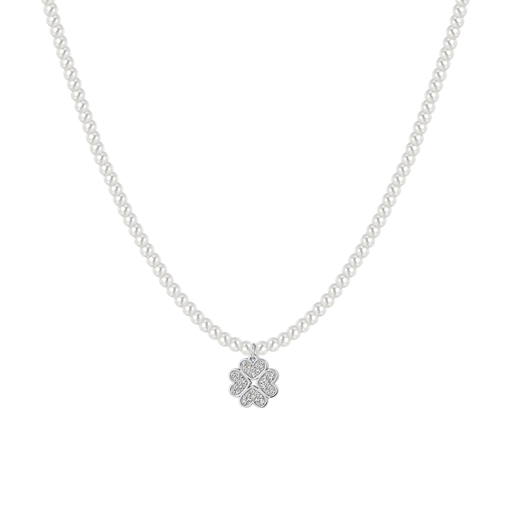 COLLAR DE PERLAS Y TRÉBOLES DE ACERO PARA MUJER