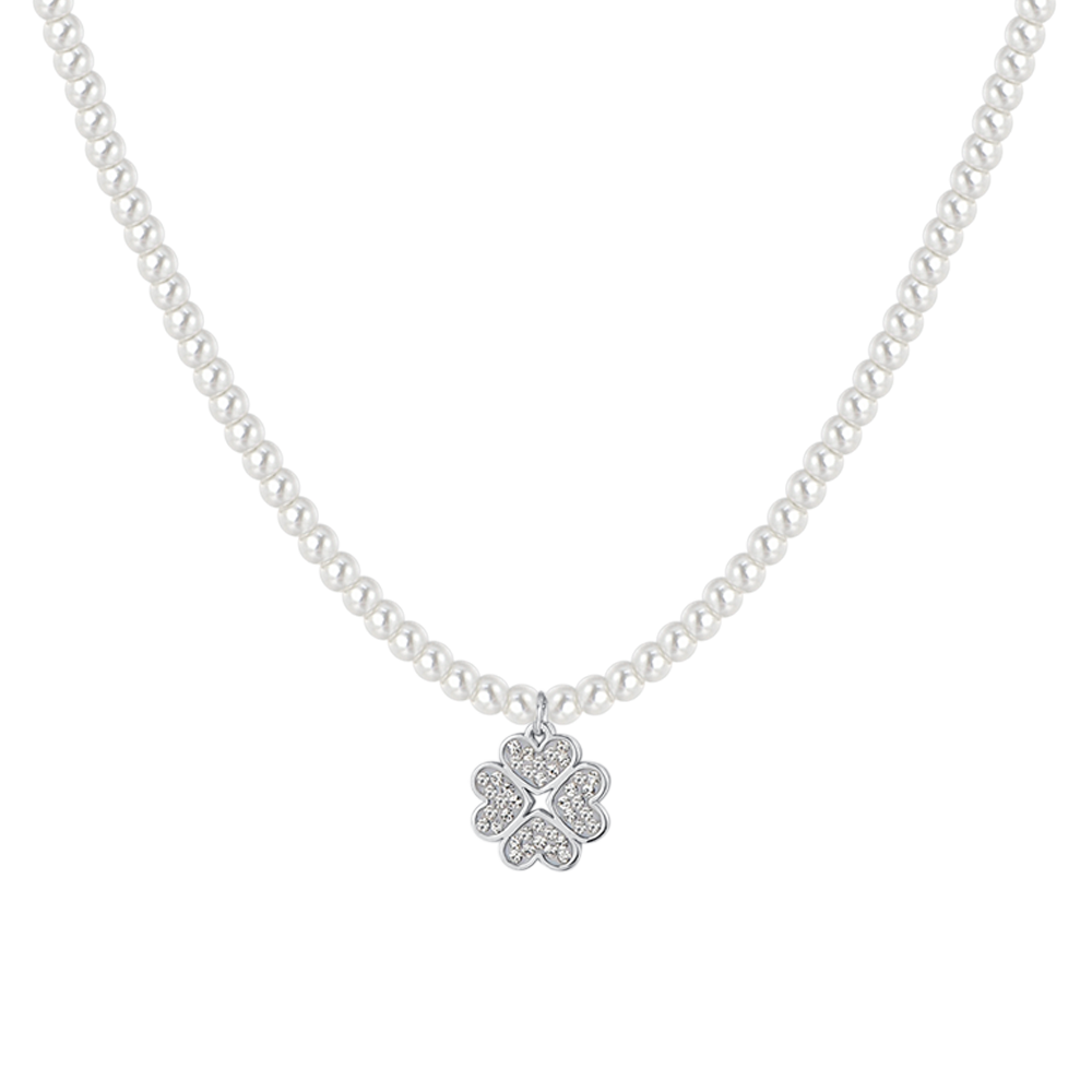 COLLAR DE PERLAS Y TRÉBOLES DE ACERO PARA MUJER