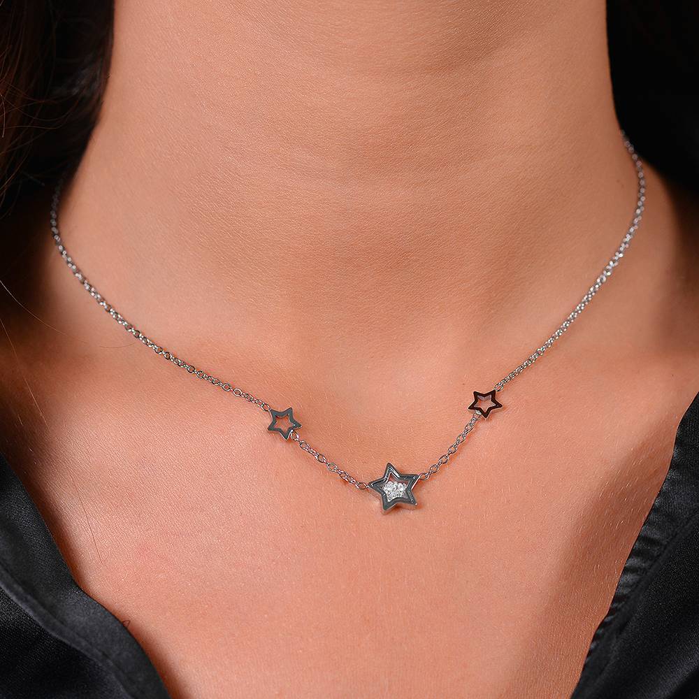 COLLAR DE ACERO CON ESTRELLAS Y CIRCONITAS PARA MUJER