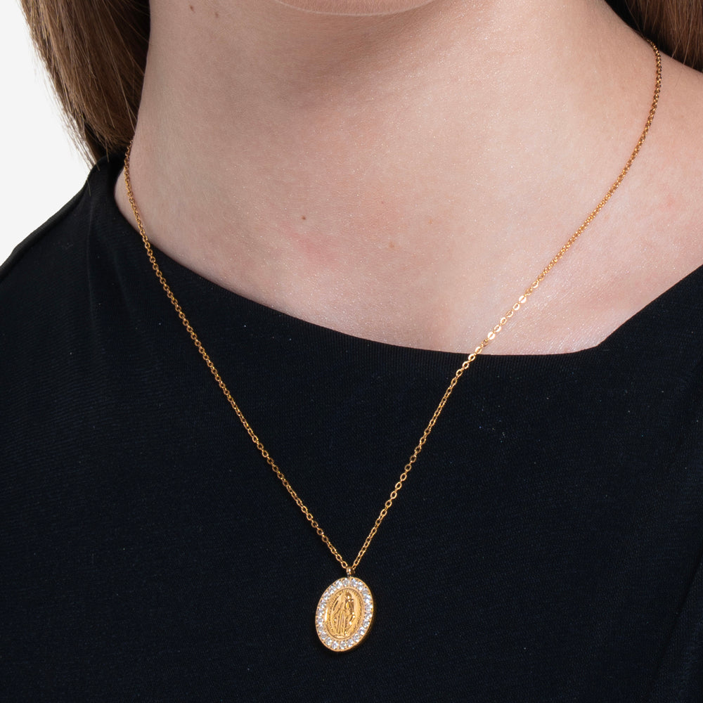 COLLANA DONNA IN ACCIAIO IP GOLD,  MADONNINA MIRACOLOSA E ZIRCONI BIANCHI