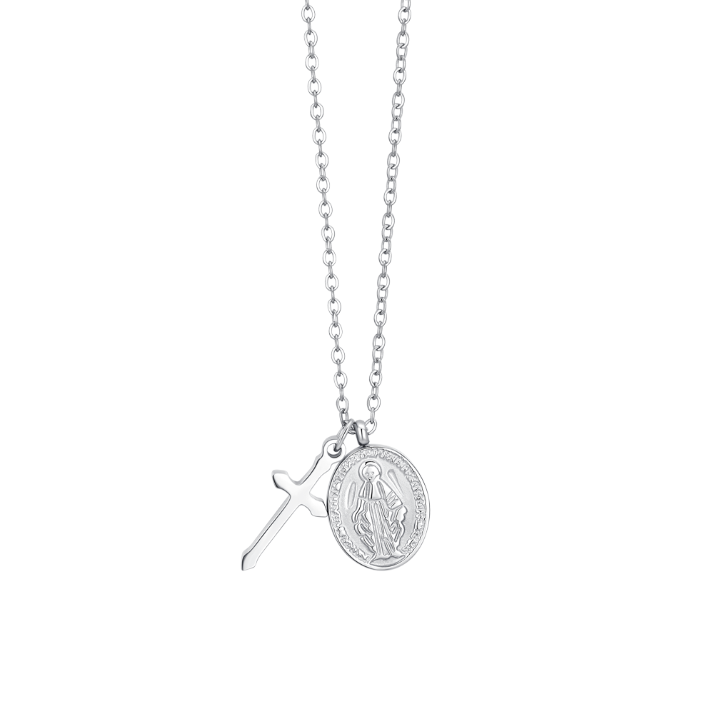 COLLANA DONNA IN ACCIAIO, MEDAGLIETTA CON MADONNINA MIRACOLOSA E CROCE