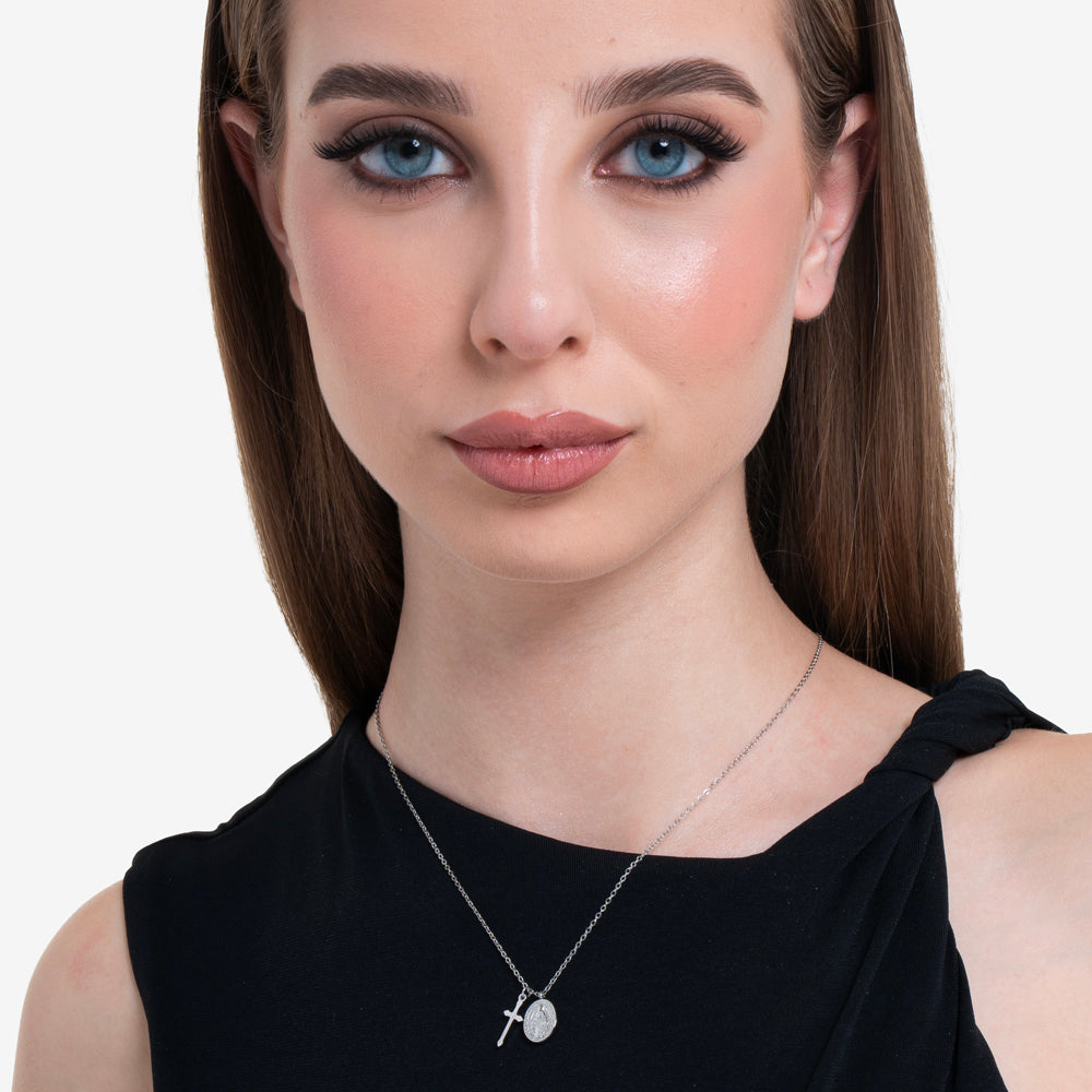 COLLANA DONNA IN ACCIAIO, MEDAGLIETTA CON MADONNINA MIRACOLOSA E CROCE