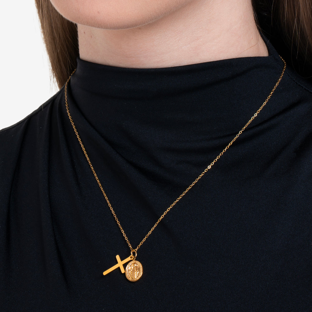 COLLANA DONNA IN ACCIAIO IP GOLD, MEDAGLIETTA CON MADONNINA MIRACOLOSA E CROCE