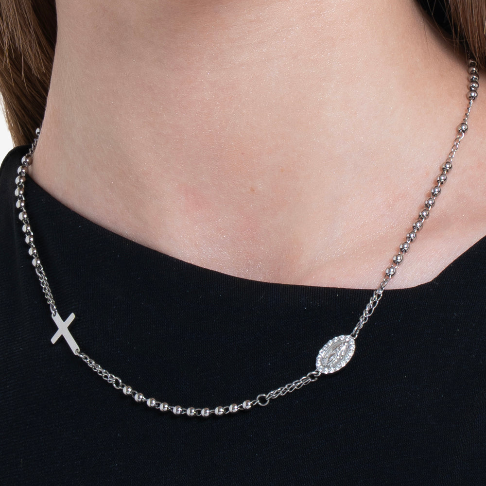 COLLANA DONNA ROSARIO IN ACCIAIO, MEDAGLIETTA CON MADONNINA MIRACOLOSA