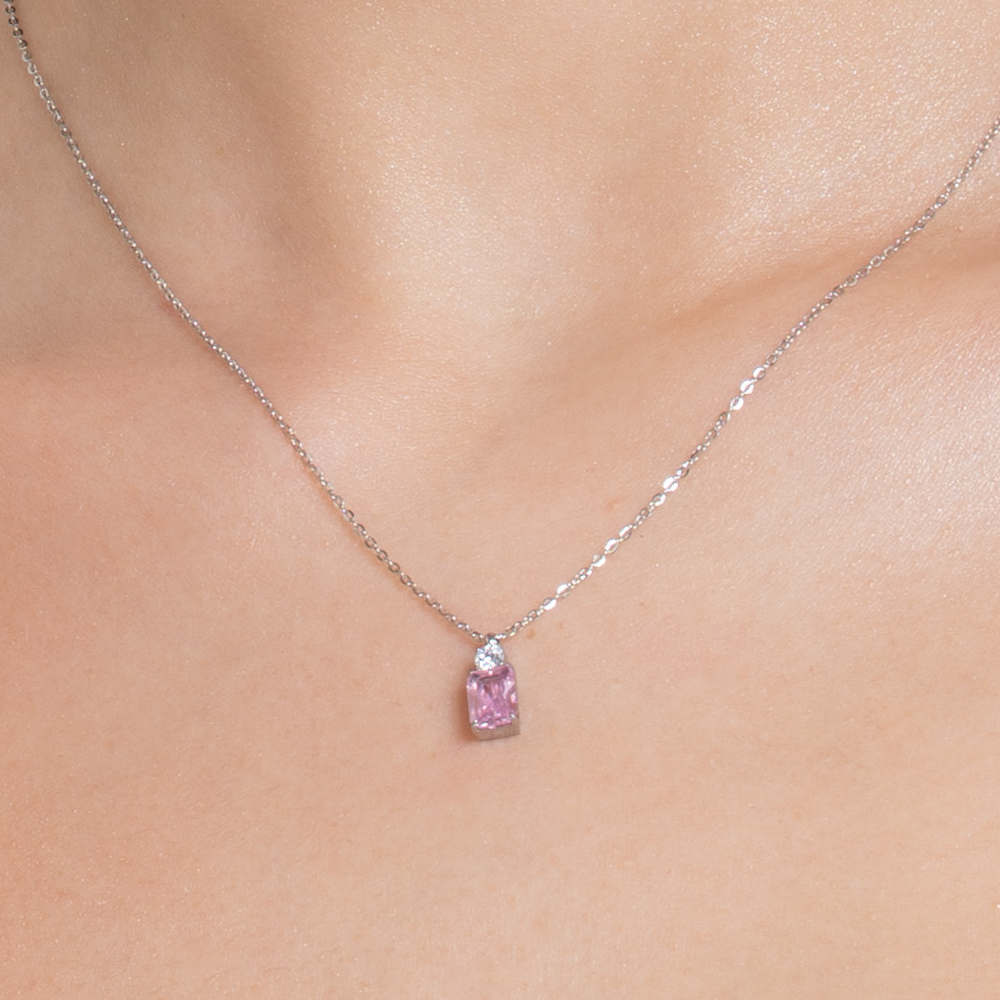COLLANA DONNA IN ACCIAIO CON ZIRCONI ROSA E BIANCO
