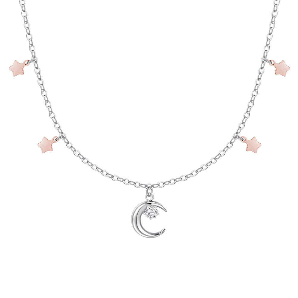 COLLANA DONNA IN ACCIAIO, LUNA CON ZIRCONE BIANCO E STELLE