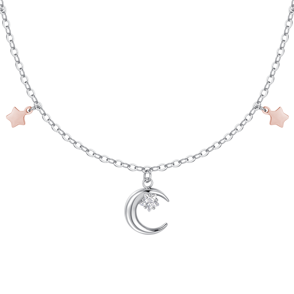 COLLANA DONNA IN ACCIAIO, LUNA CON ZIRCONE BIANCO E STELLE