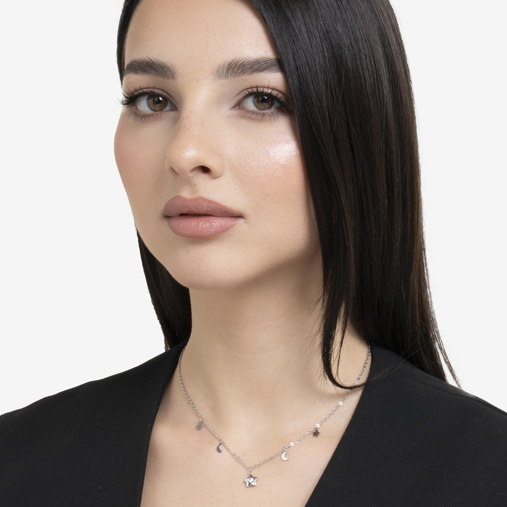 COLLANA DONNA IN ACCIAIO, STELLA CON ZIRCONE BIANCO, LUNE E STELLE