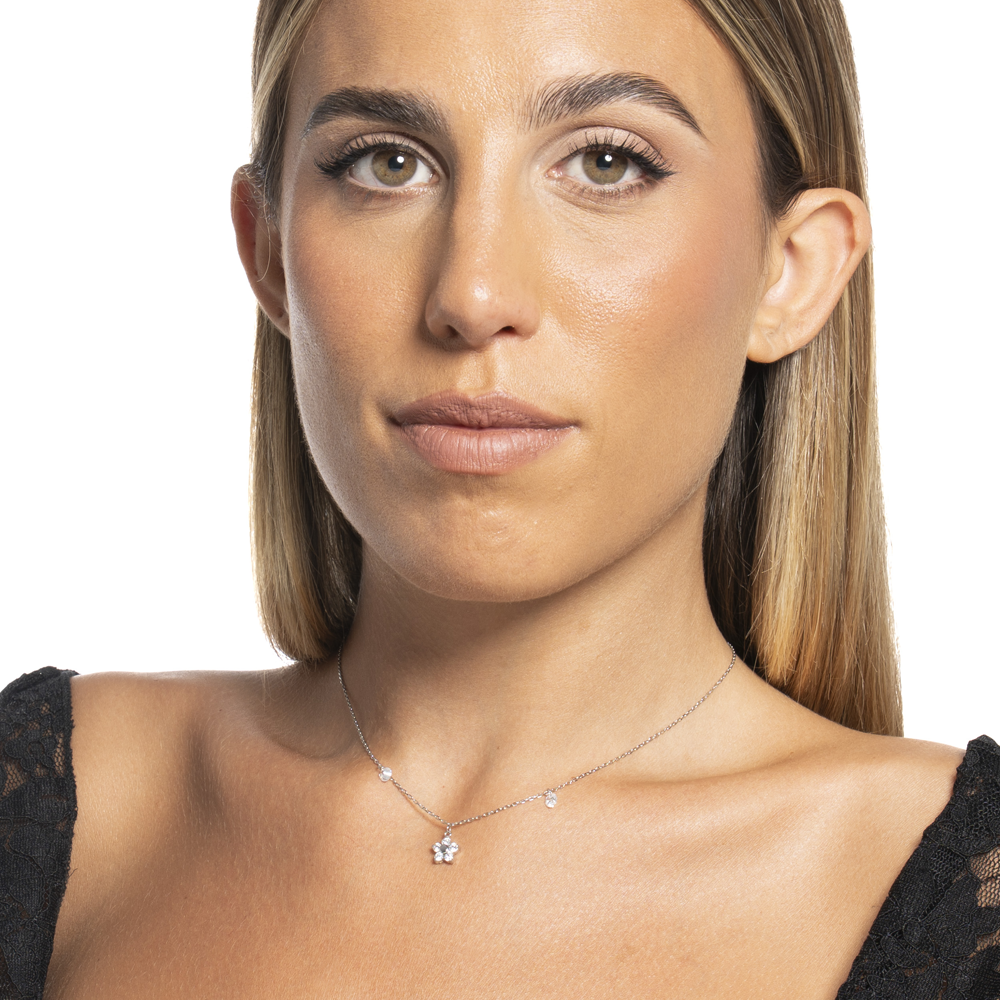 COLLANA DONNA IN ACCIAIO CON PENDENTE FIORE CON E PETALI ZICONE BIANCO