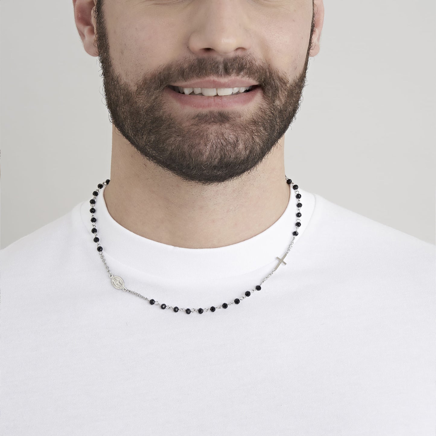COLLANA UOMO ROSARIO IN ACCIAIO CON PIETRA LAVICA
