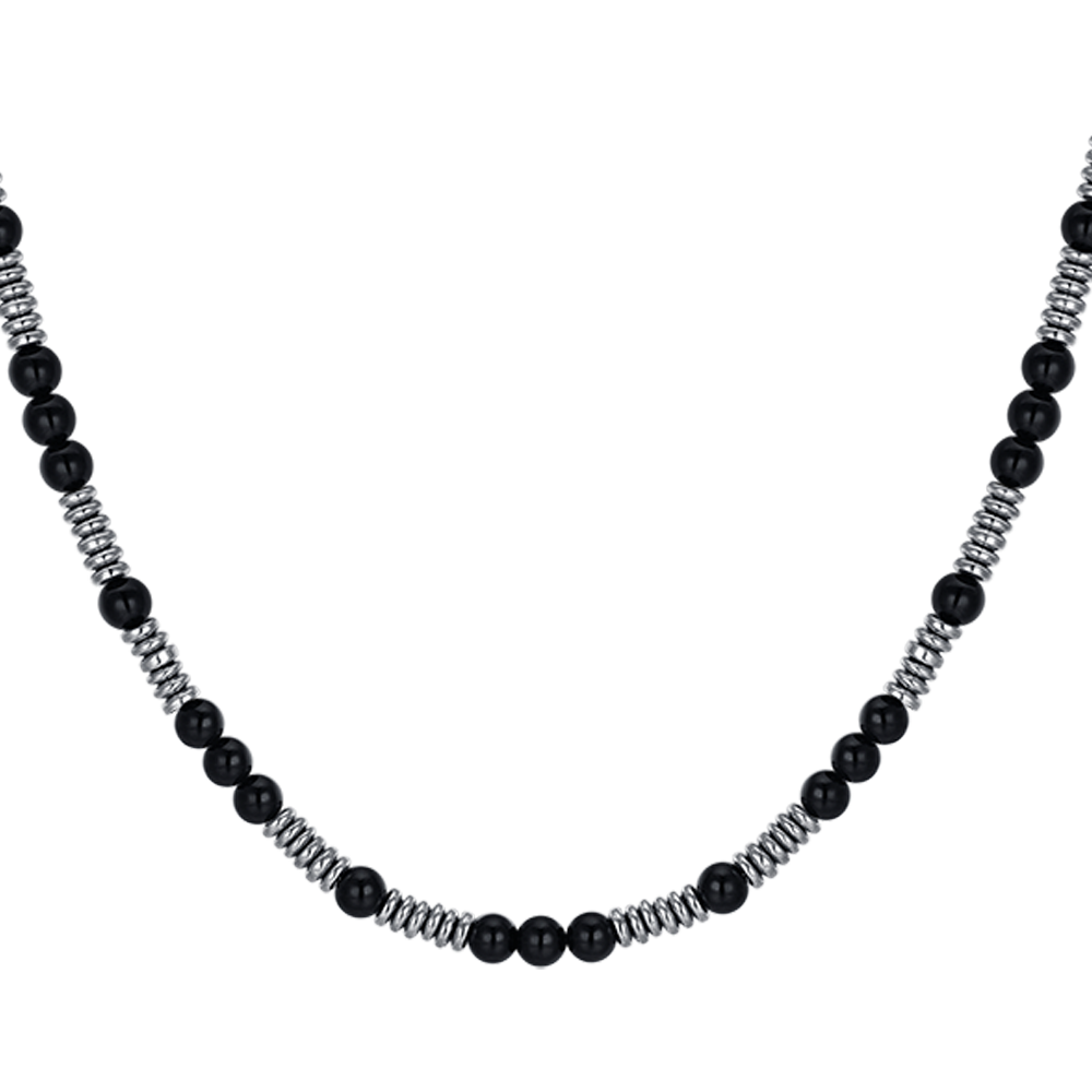 COLLAR DE HOMBRE DE ACERO CON PIEDRAS NEGRAS Y ELEMENTOS DE ACERO