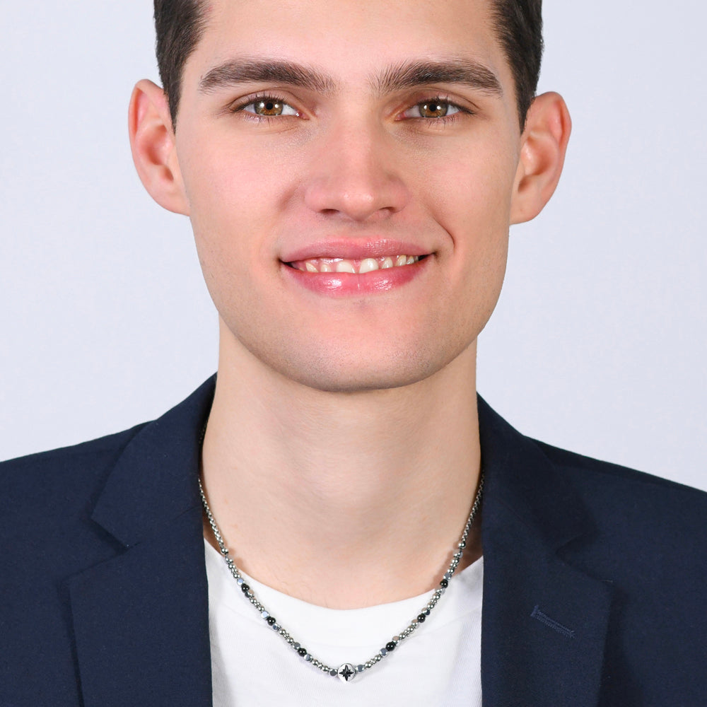 COLLAR HOMBRE ACERO ROSA DE LOS VIENTOS IP NEGRO