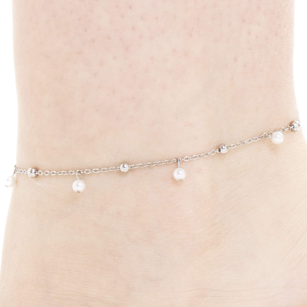 CAVIGLIERA DONNA IN ACCIAIO CON PERLE BIANCHE