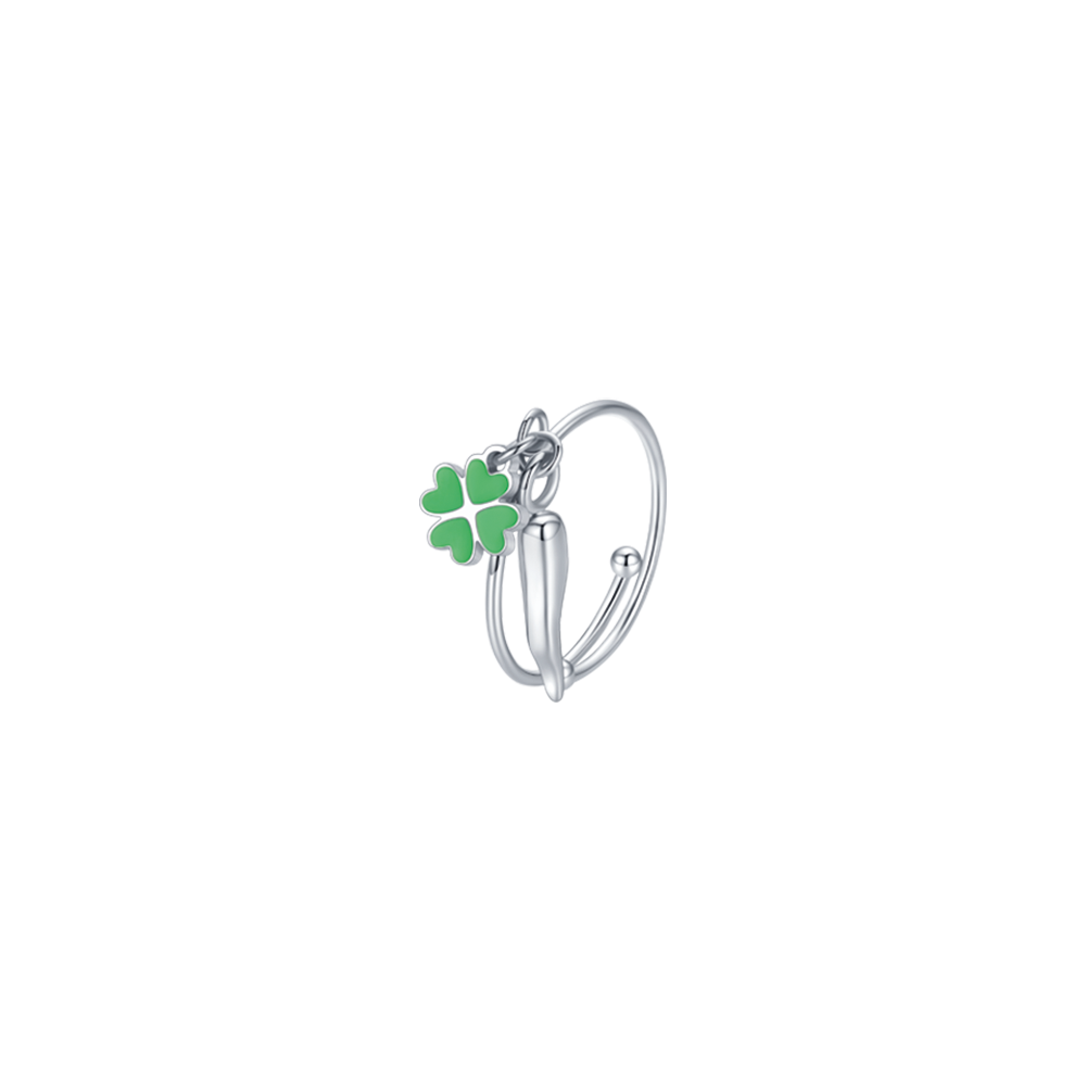 ANILLO DE ACERO PARA CHICAS CON CUERNO Y TRÉBOL VERDE