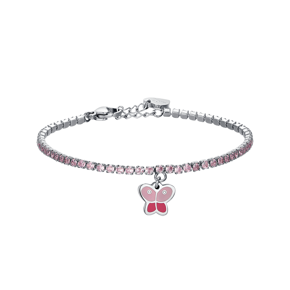 PULSERA DE TENIS DE ACERO PARA NIÑA CON CRISTALES ROSAS Y MARIPOSA