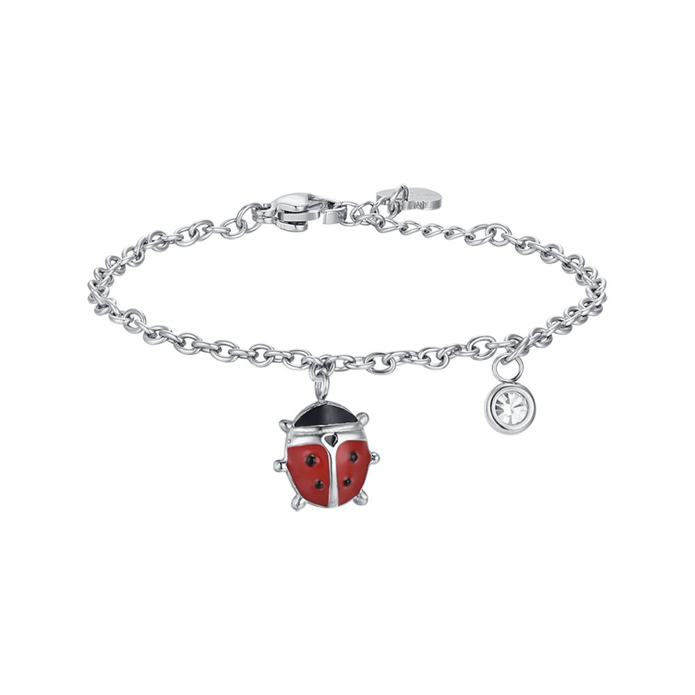 PULSERA DE ACERO PARA NIÑA CON MARIQUITA ESMALTADA EN ROJO Y NEGRO Y CRISTAL