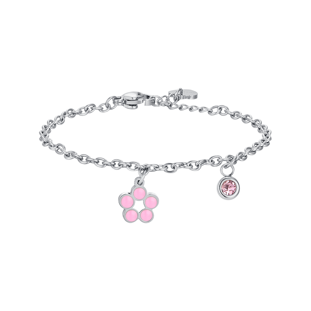 PULSERA FLOR DE ACERO CON ESMALTE ROSA Y BLANCO Y CRISTAL