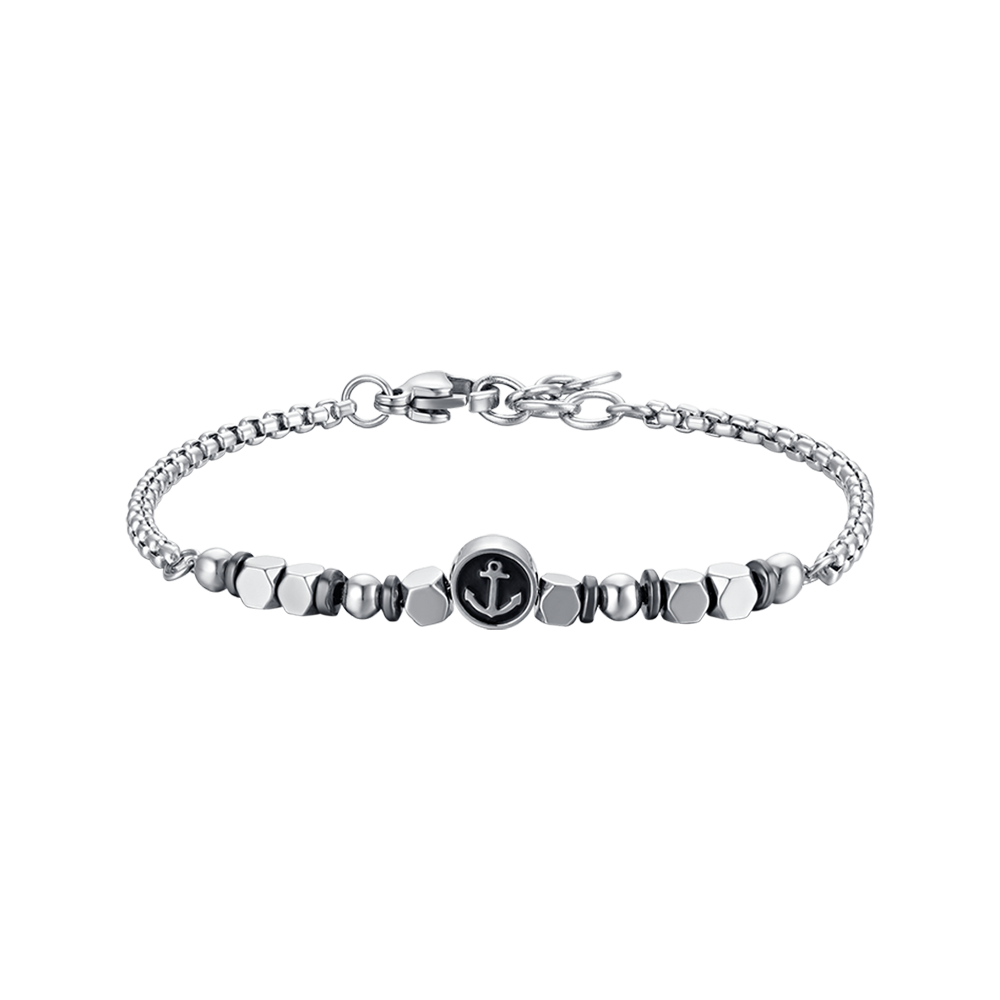 PULSERA DE ACERO PARA BEBÉ CON HEMATITES GRIS Y ANCLA