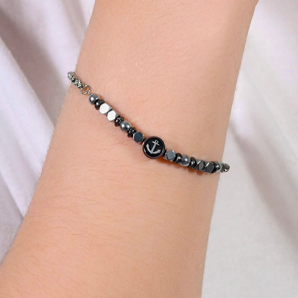 PULSERA DE ACERO PARA BEBÉ CON HEMATITES GRIS Y ANCLA