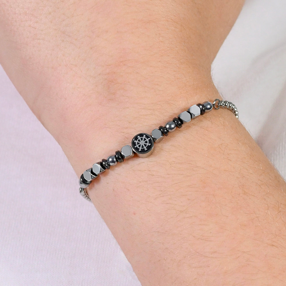 PULSERA DE ACERO PARA BEBÉ CON HEMATITES GRIS Y TIMÓN