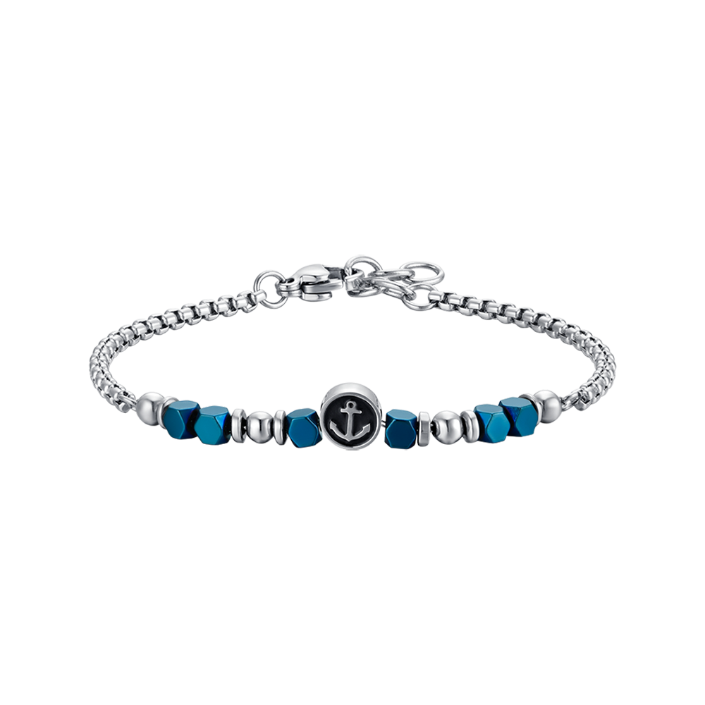 PULSERA DE ACERO PARA BEBÉ CON HEMATITES AZUL Y ANCLA