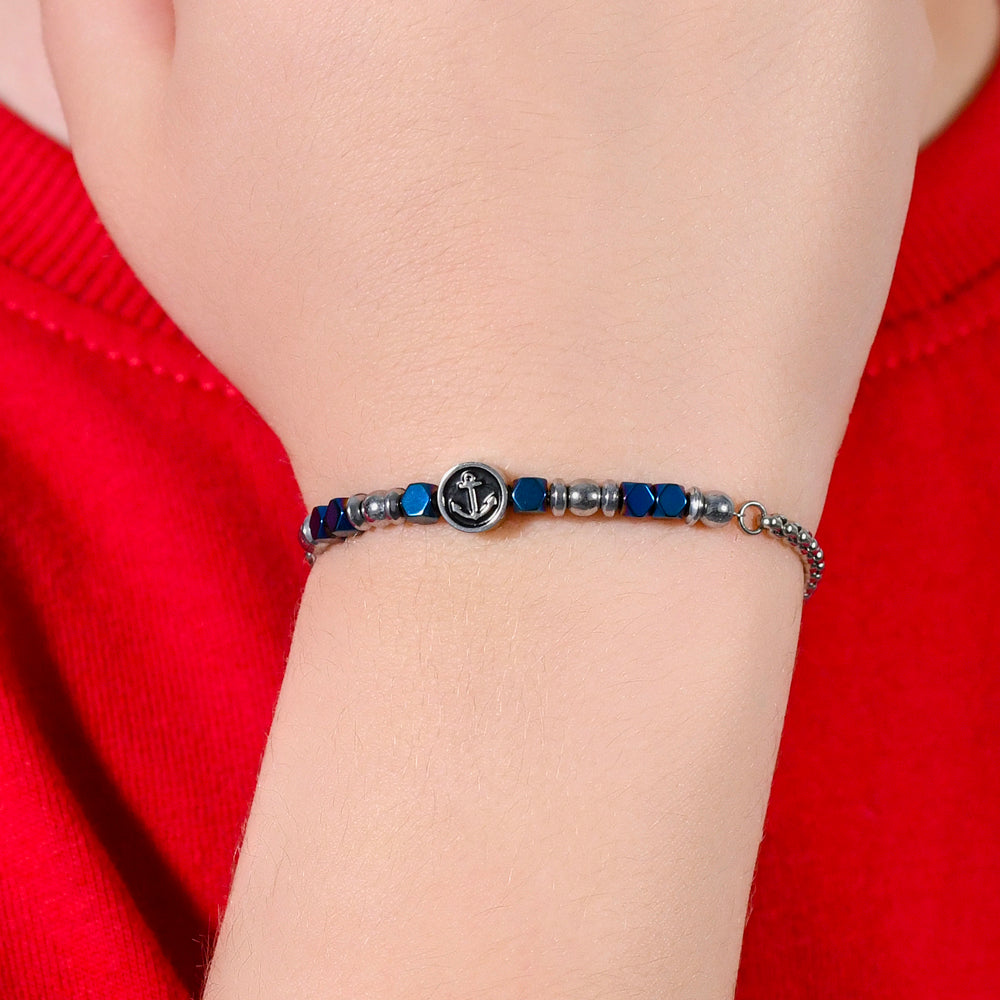 PULSERA DE ACERO PARA BEBÉ CON HEMATITES AZUL Y ANCLA
