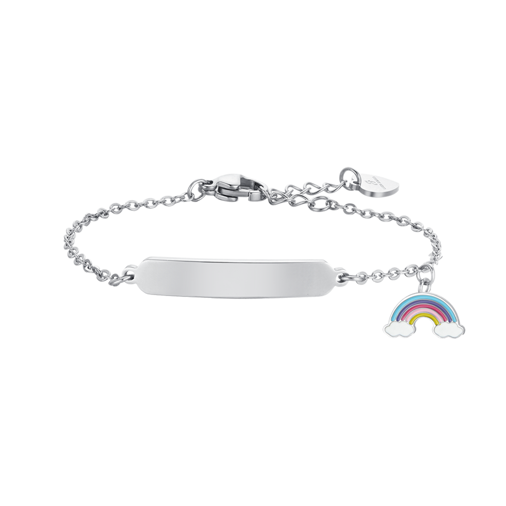 PULSERA DE ACERO NIÑA CON ARCO IRIS Y PLACA